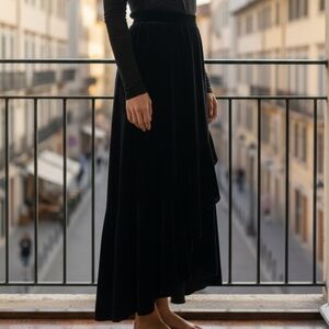Elegant Velour Black Maxi Skirt with Layered Asymmetric Hem 4066